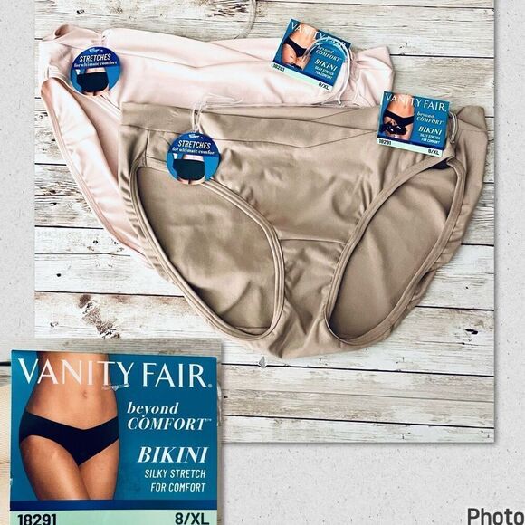 NWT 2 Pack Vanity Fair 8/XL Beyond Comfort Silky Stretch Bikini Panty 18291 Tan - Picture 1 of 12